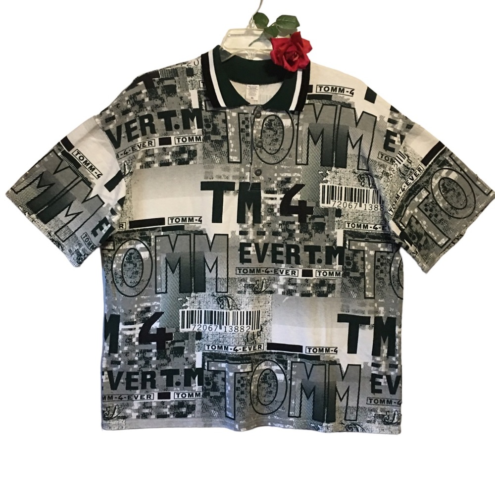 VTG 90’s Tommy AOP polo shirt 1/4 button XL 100% Cotton green black white preppy